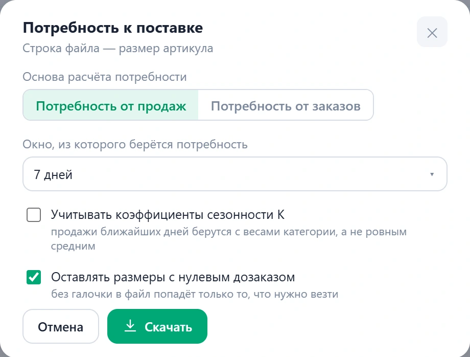 Окно «Потребность к поставке»: основа расчёта, окно, коэффициенты сезонности и нулевые размеры