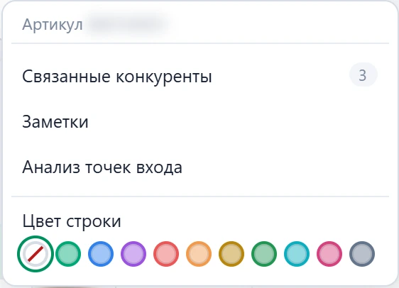 Меню артикула: связанные конкуренты, заметки, анализ точек входа и палитра цвета строки