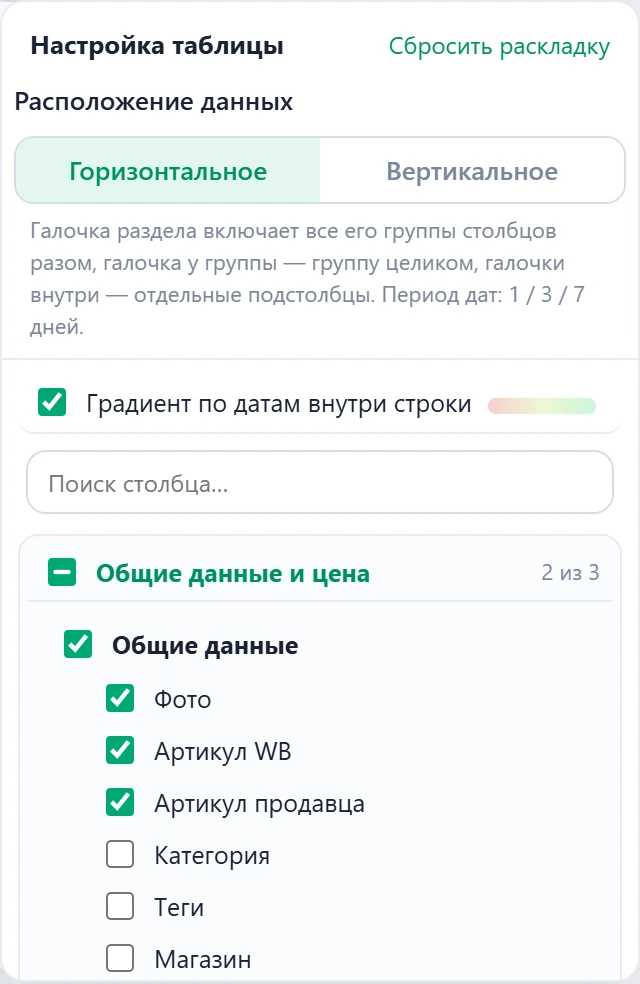 Окно «Настройка таблицы»: переключатель расположения данных, градиент, поиск столбца и список разделов с галочками