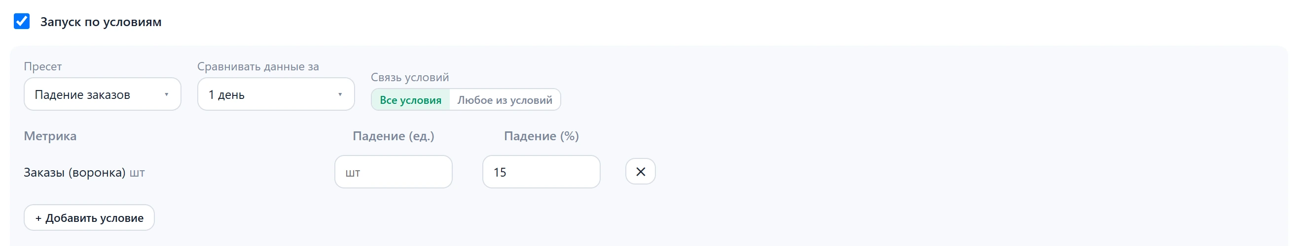 Запуск по условиям: пресет, период сравнения, связь условий и таблица метрик с порогами